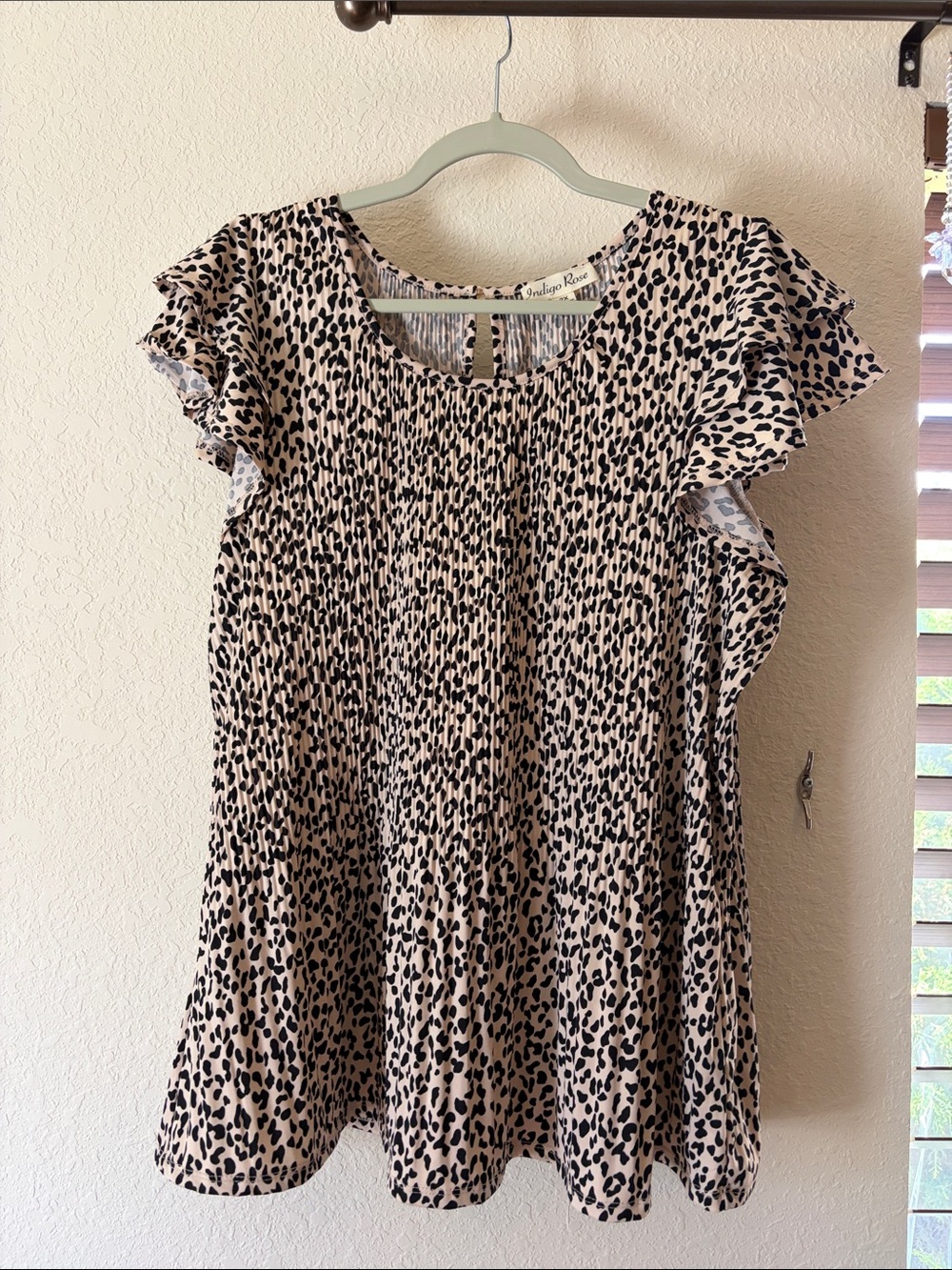 Beige Leopard Print Flutter Sleeve Blouse